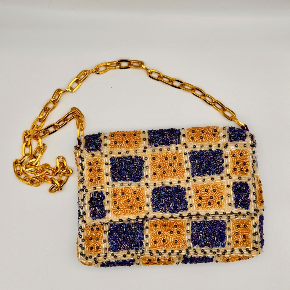 Vintage Christiana Beaded Clutch Purse Gold Chain‎ Evening Bag Luxury Coquette